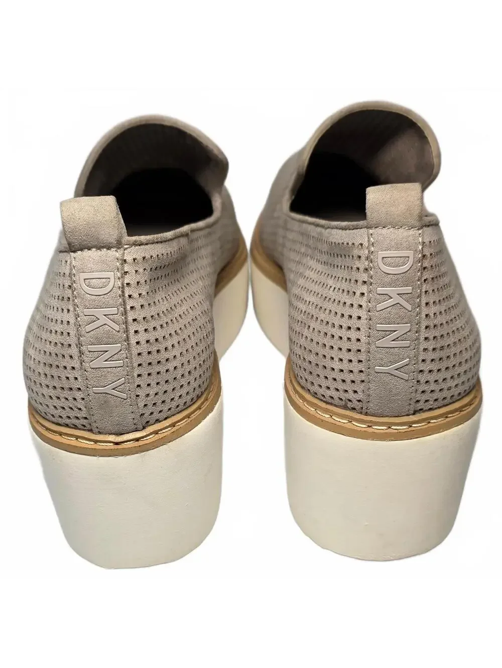 DKNY 9.5M Taupe Perforated Slip-On Platform Shoes